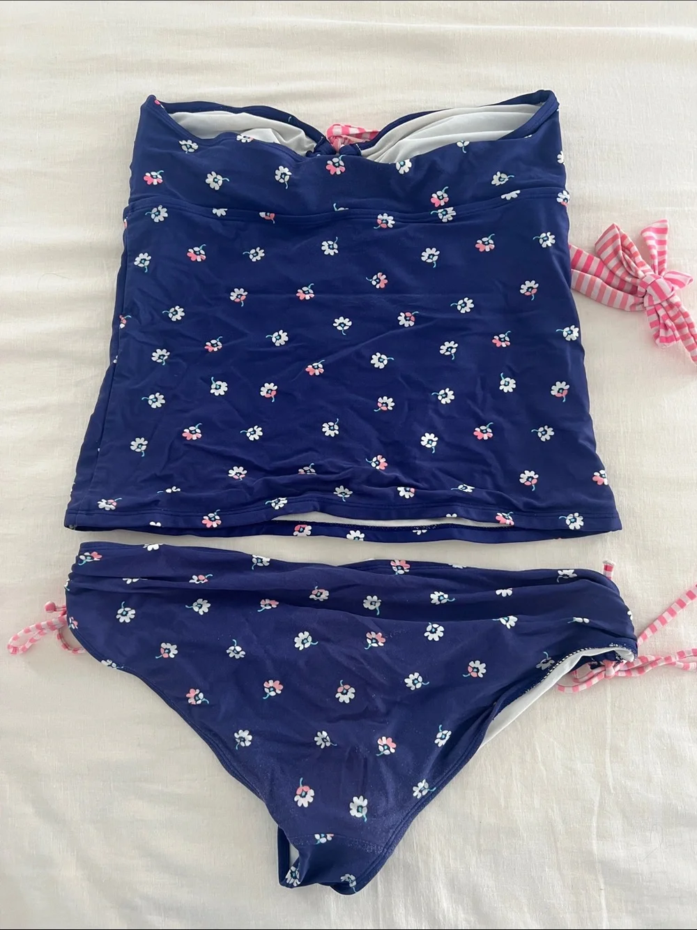 Old Navy Navy Floral Tankini with Pink Striped Ties